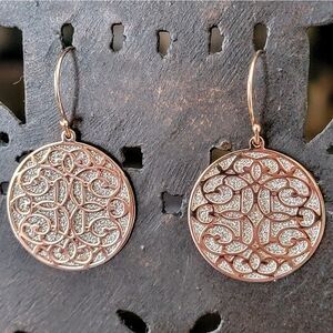 NEW Rose Gold Over Sterling Ornate Flourish Sparkle Round Dangle Drop Earrings